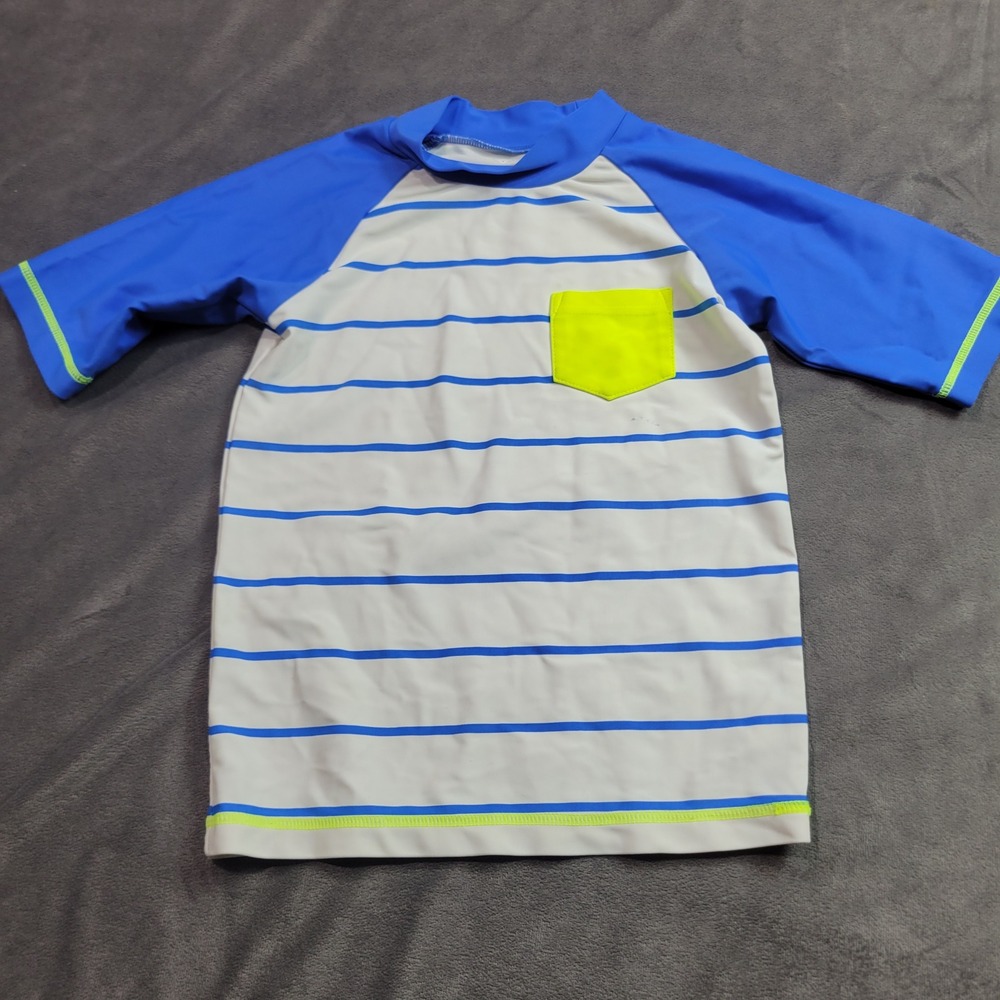 Koala Kids Boys 5T Rash Guard Swim Shirt Blue White Striped‎ Neon Yellow Pocket